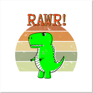 Distressed Cute And Angry Dino Retro Sunset Posters and Art